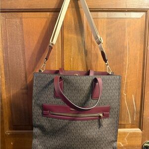 Michael Kors Brown Monogram Tote with Burgundy Trim and Cream Strap